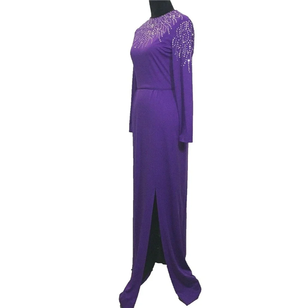VTG RANDYS Glamorous Knit‎ Jersey Long Dress Dark Purple Rhinestone Embellish